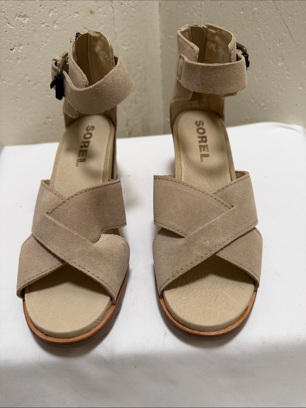 Sorel Bone Suede Wedge Sandals with Ankle Strap and Back Zip